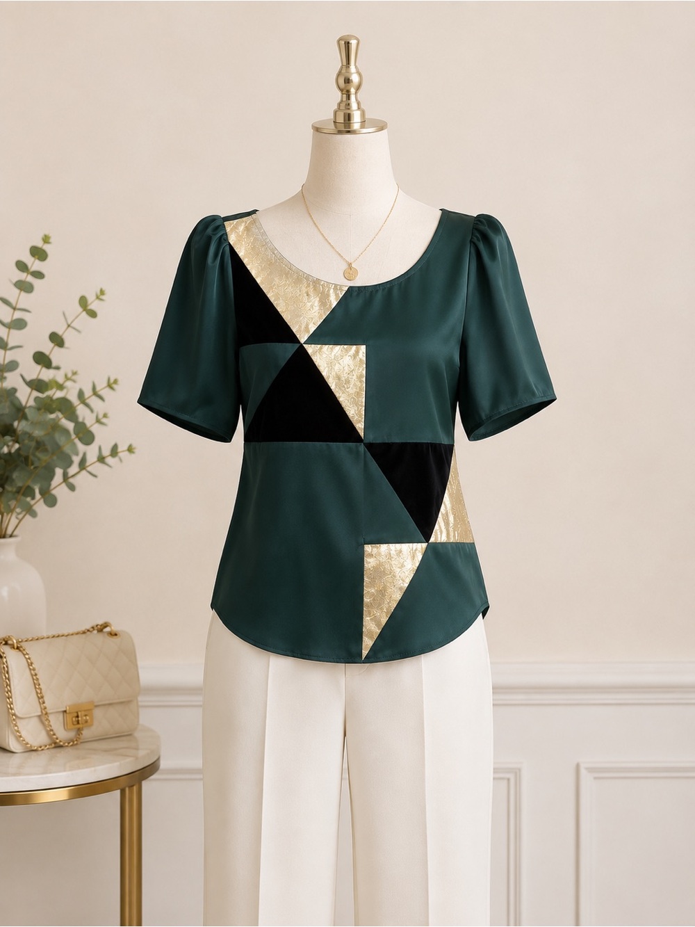 Line & Dot 100% Silk Geometric Shimmer Blouse Emerald Green XS